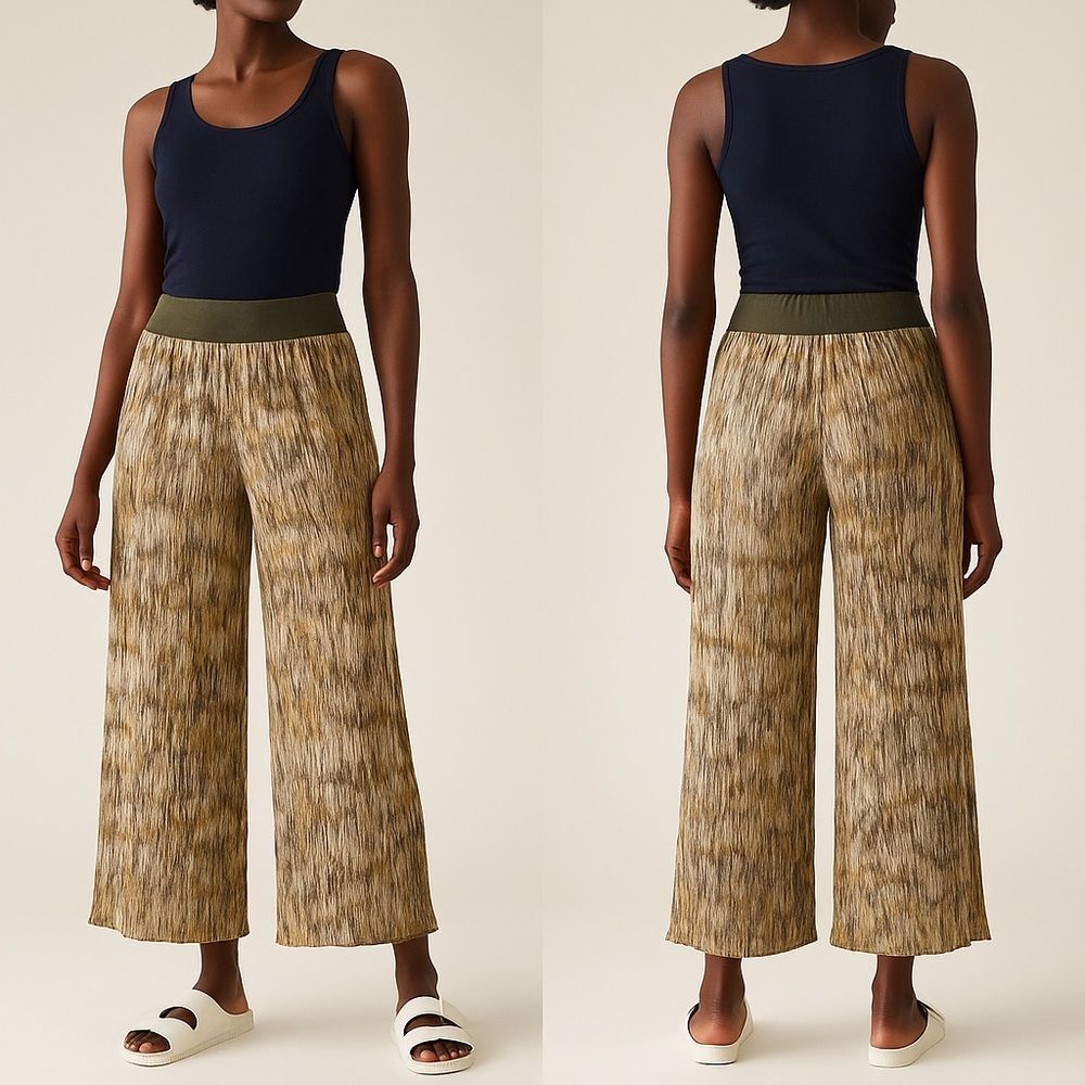 Boho Olive Crinkle Wide Leg Pants Rayon Batik Textured High Waist Pull-On XL